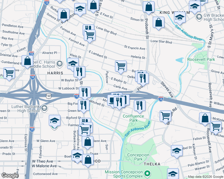 map of restaurants, bars, coffee shops, grocery stores, and more near 413 East Lubbock in San Antonio