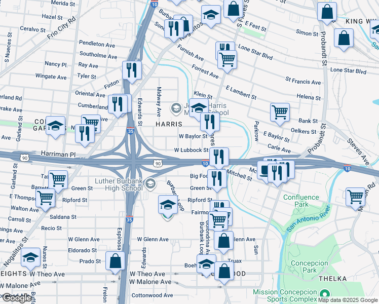 map of restaurants, bars, coffee shops, grocery stores, and more near 302 West Lubbock Street in San Antonio