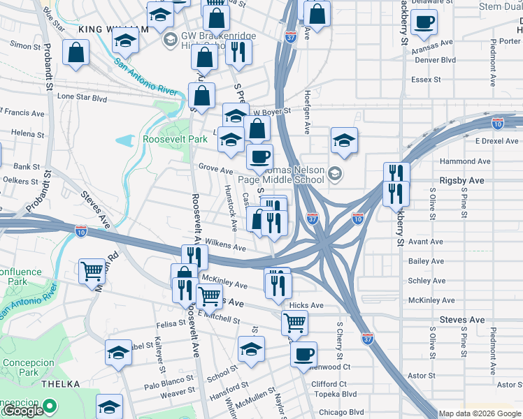map of restaurants, bars, coffee shops, grocery stores, and more near 100 Baity Court in San Antonio