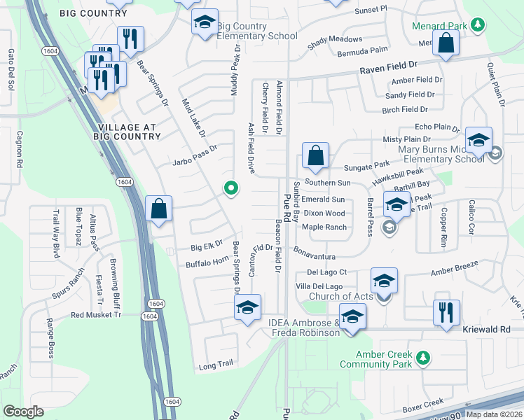 map of restaurants, bars, coffee shops, grocery stores, and more near 10226 Sunrise Field Drive in San Antonio