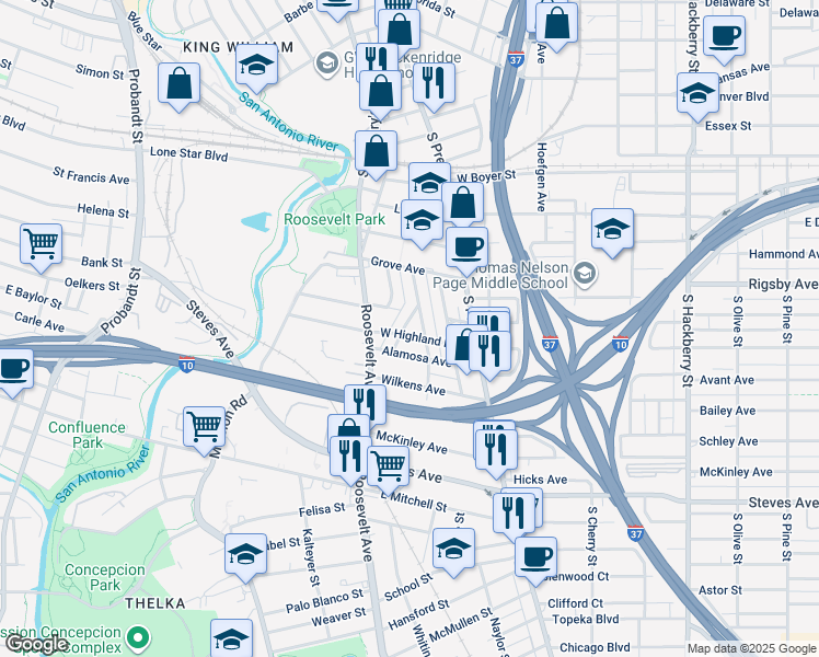 map of restaurants, bars, coffee shops, grocery stores, and more near 617 Hunstock Avenue in San Antonio