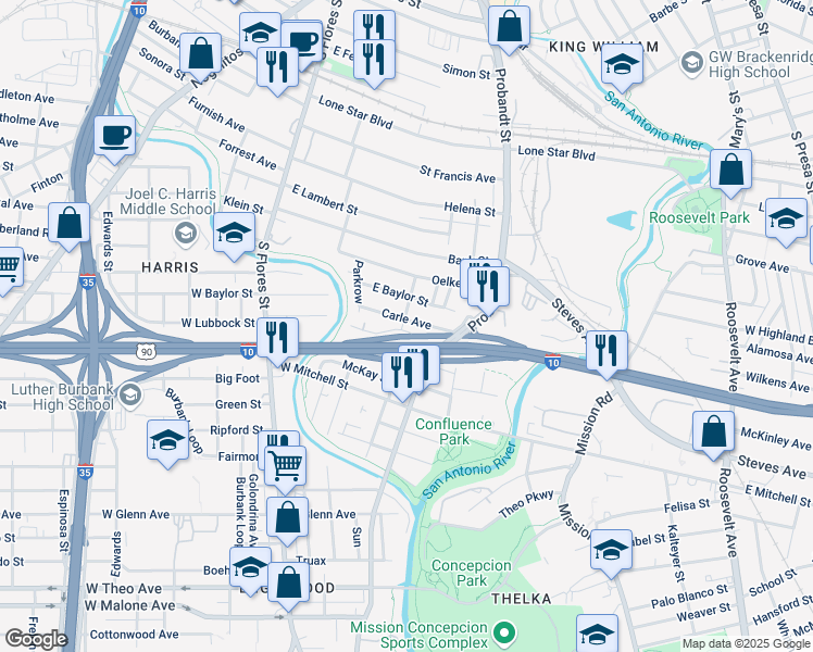 map of restaurants, bars, coffee shops, grocery stores, and more near 503 East Lubbock in San Antonio