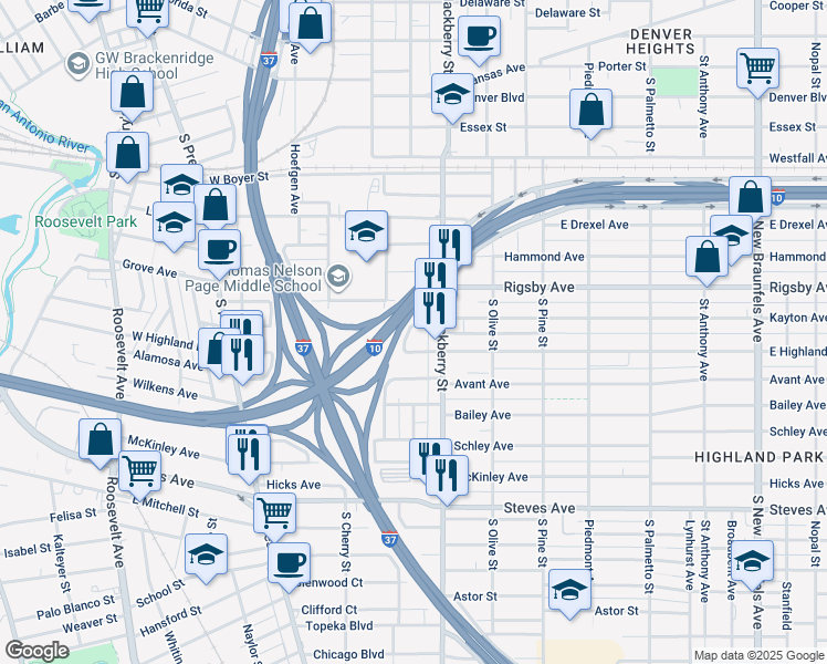 map of restaurants, bars, coffee shops, grocery stores, and more near 426 Dunning Avenue in San Antonio