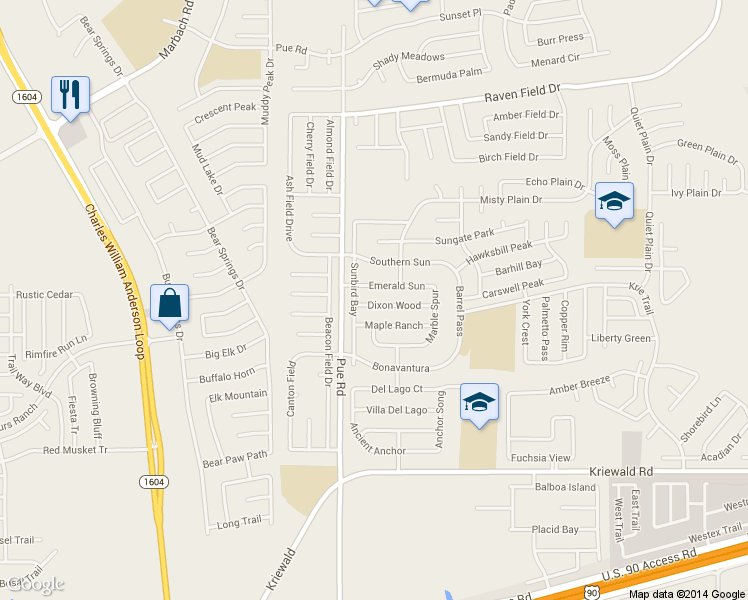 map of restaurants, bars, coffee shops, grocery stores, and more near 10227 Dixon Wood in San Antonio
