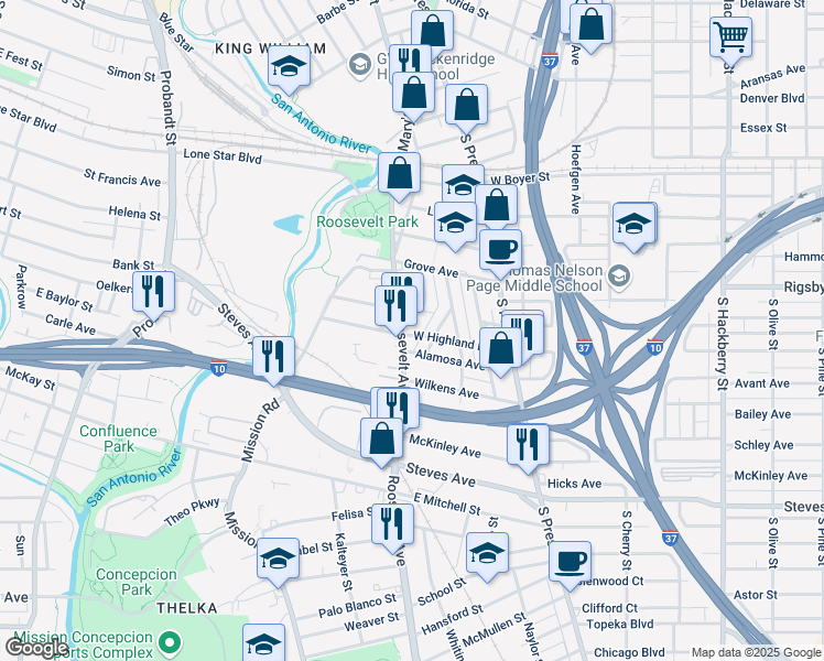 map of restaurants, bars, coffee shops, grocery stores, and more near 407 West Highland Boulevard in San Antonio