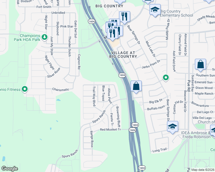 map of restaurants, bars, coffee shops, grocery stores, and more near 3403 Altius Pass in San Antonio