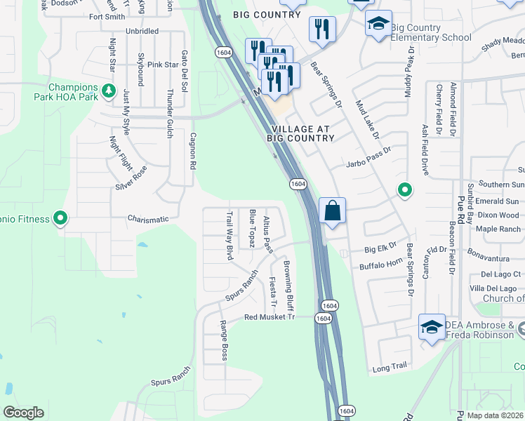 map of restaurants, bars, coffee shops, grocery stores, and more near 3403 Altius Pass in San Antonio
