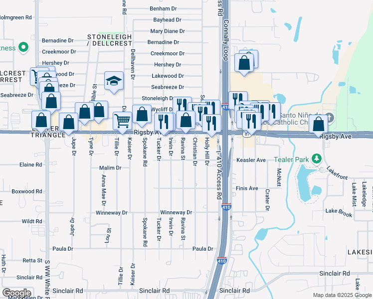 map of restaurants, bars, coffee shops, grocery stores, and more near 2434 Ravina Street in San Antonio