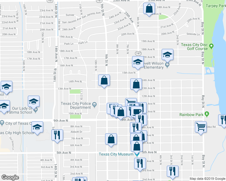 map of restaurants, bars, coffee shops, grocery stores, and more near 821 13th Avenue North in Texas City