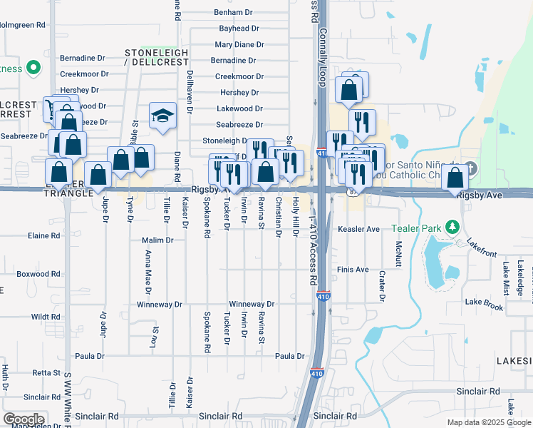map of restaurants, bars, coffee shops, grocery stores, and more near 2434 Ravina Street in San Antonio