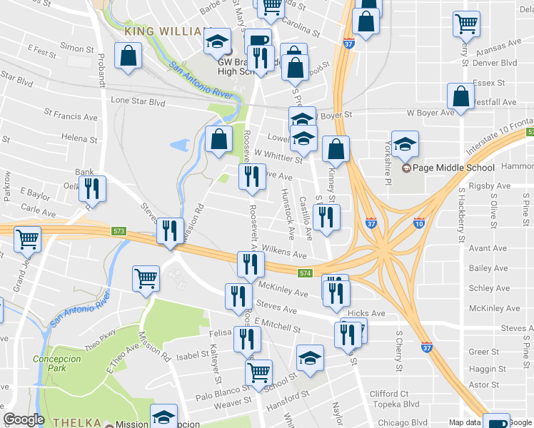 map of restaurants, bars, coffee shops, grocery stores, and more near 407 West Highland Boulevard in San Antonio