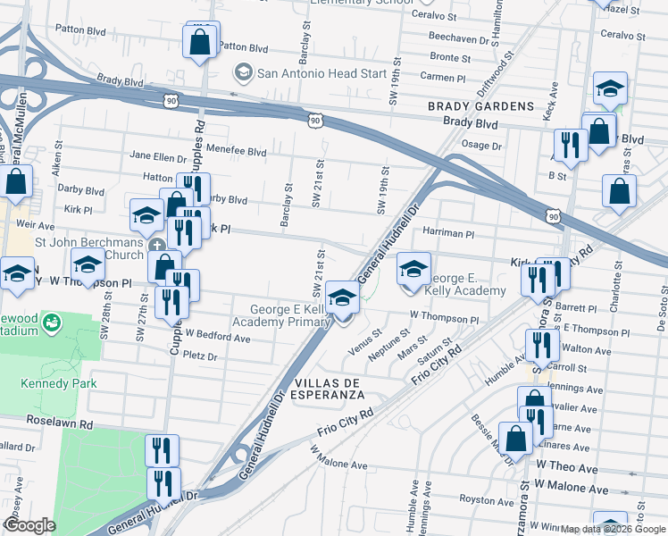 map of restaurants, bars, coffee shops, grocery stores, and more near 2522 Southwest 21st Street in San Antonio