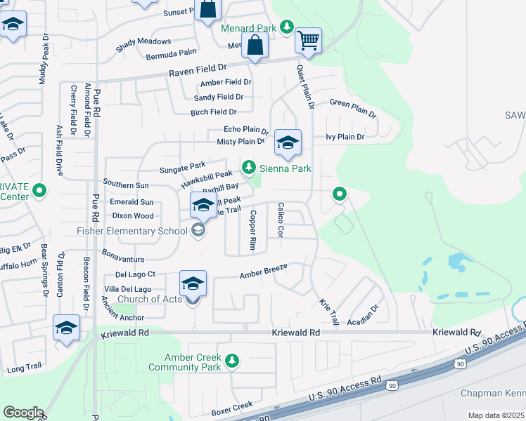 map of restaurants, bars, coffee shops, grocery stores, and more near 3415 Krie Highlands in San Antonio