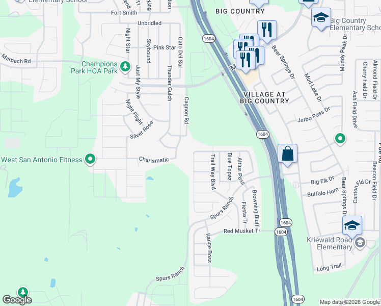 map of restaurants, bars, coffee shops, grocery stores, and more near 3401 Bisley Pass in San Antonio