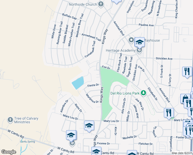 map of restaurants, bars, coffee shops, grocery stores, and more near 199 Windcrest Circle in Del Rio