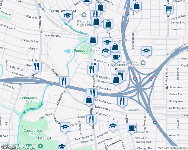 map of restaurants, bars, coffee shops, grocery stores, and more near 622 Roosevelt Avenue in San Antonio