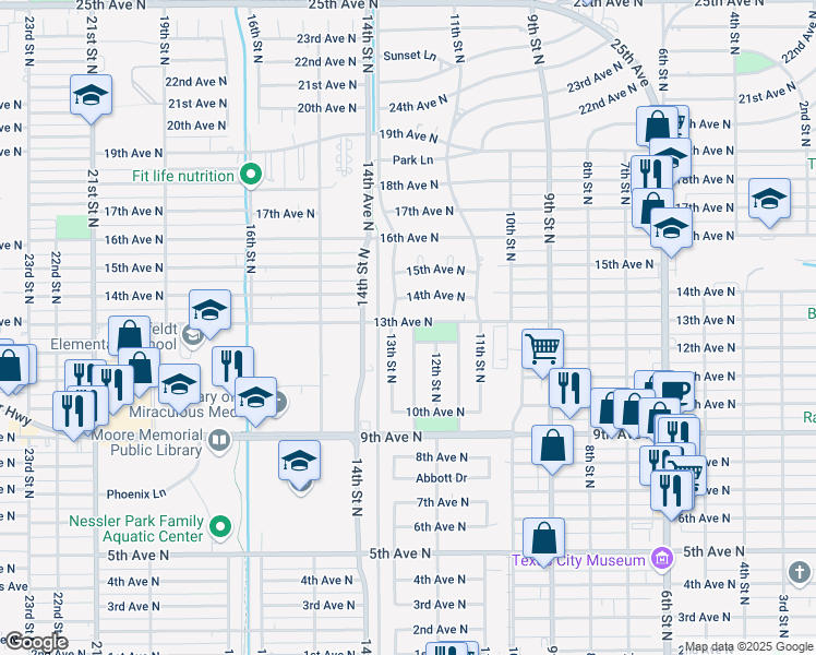 map of restaurants, bars, coffee shops, grocery stores, and more near 1207 1/2 12th 1/2 Street North in Texas City