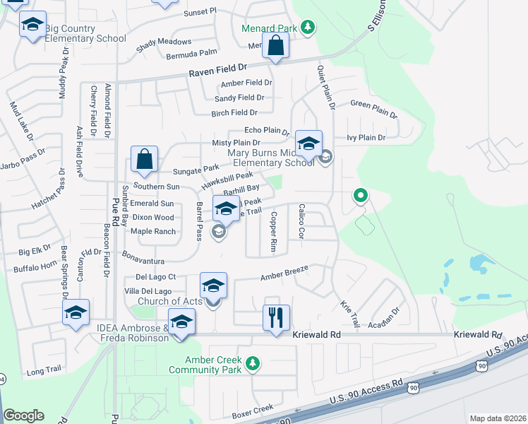 map of restaurants, bars, coffee shops, grocery stores, and more near 3403 Palmetto Pass in San Antonio