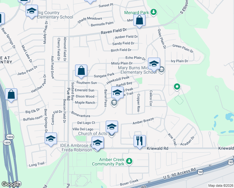 map of restaurants, bars, coffee shops, grocery stores, and more near 10010 Carswell Peak in San Antonio