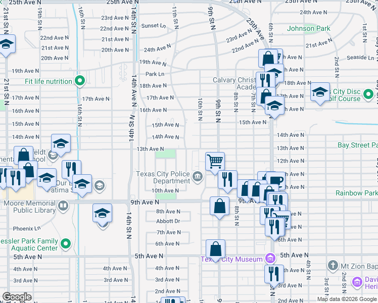 map of restaurants, bars, coffee shops, grocery stores, and more near 1206 11th Street North in Texas City