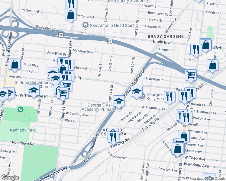 map of restaurants, bars, coffee shops, grocery stores, and more near 2522 Southwest 21st Street in San Antonio
