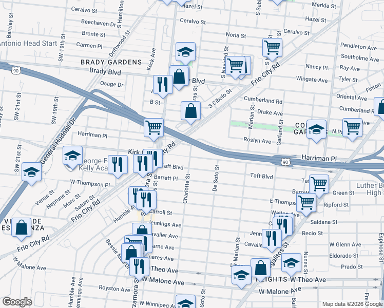 map of restaurants, bars, coffee shops, grocery stores, and more near 555 Kirk Place in San Antonio