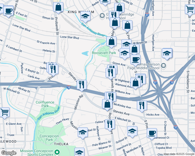 map of restaurants, bars, coffee shops, grocery stores, and more near 564 West Highland Boulevard in San Antonio