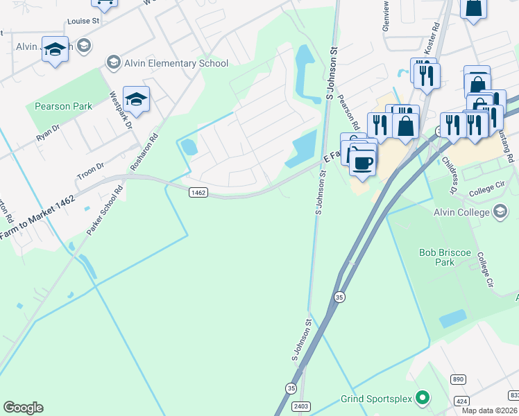 map of restaurants, bars, coffee shops, grocery stores, and more near 11462 East Farm to Market 1462 in Alvin