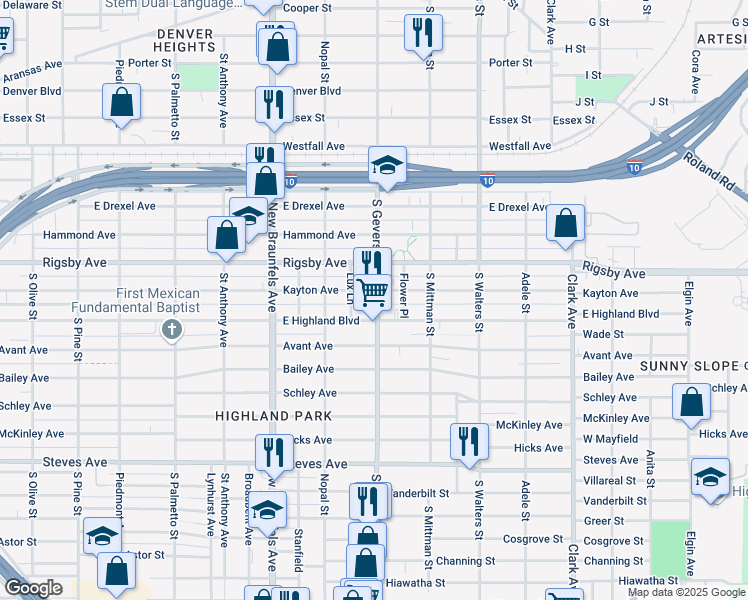 map of restaurants, bars, coffee shops, grocery stores, and more near 2205 S Gevers St in San Antonio