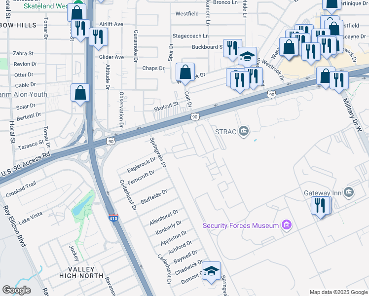 map of restaurants, bars, coffee shops, grocery stores, and more near 409 Pvt Road in San Antonio