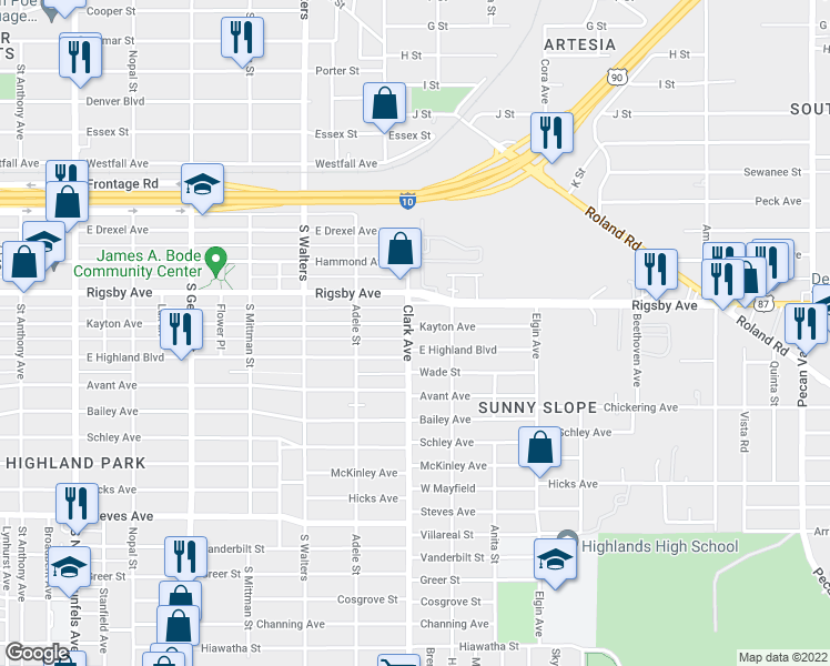 map of restaurants, bars, coffee shops, grocery stores, and more near 1306 Kayton Avenue in San Antonio