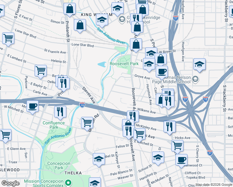 map of restaurants, bars, coffee shops, grocery stores, and more near 564 West Highland Boulevard in San Antonio