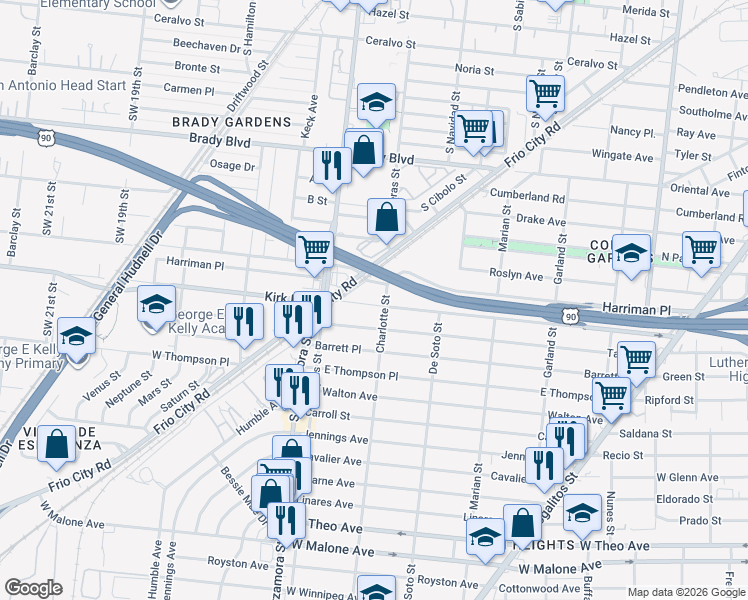 map of restaurants, bars, coffee shops, grocery stores, and more near 615 Kirk Place in San Antonio
