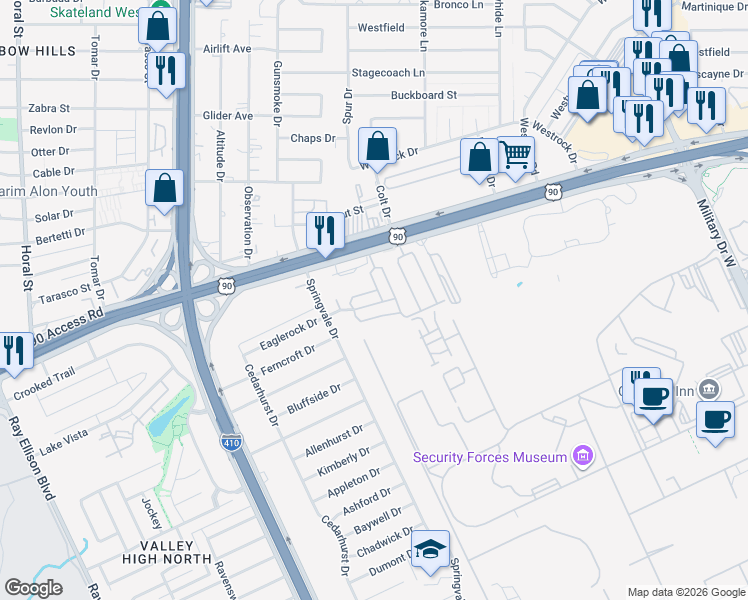 map of restaurants, bars, coffee shops, grocery stores, and more near 409 Pvt Road in San Antonio