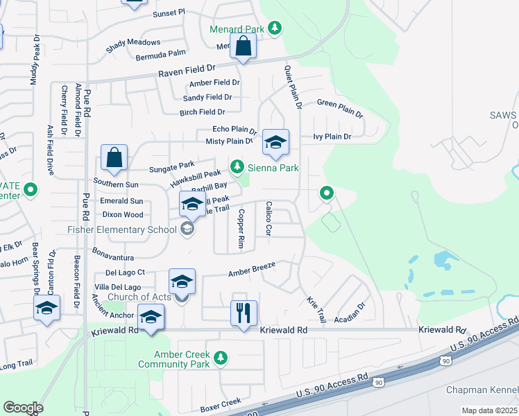 map of restaurants, bars, coffee shops, grocery stores, and more near 3415 Krie Highlands in San Antonio