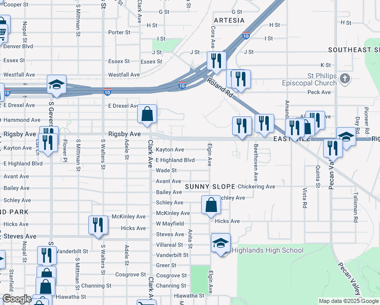 map of restaurants, bars, coffee shops, grocery stores, and more near 1440 Kayton Avenue in San Antonio