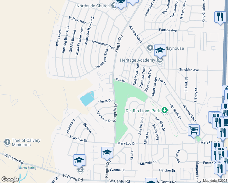 map of restaurants, bars, coffee shops, grocery stores, and more near 101 Windcrest Circle in Del Rio