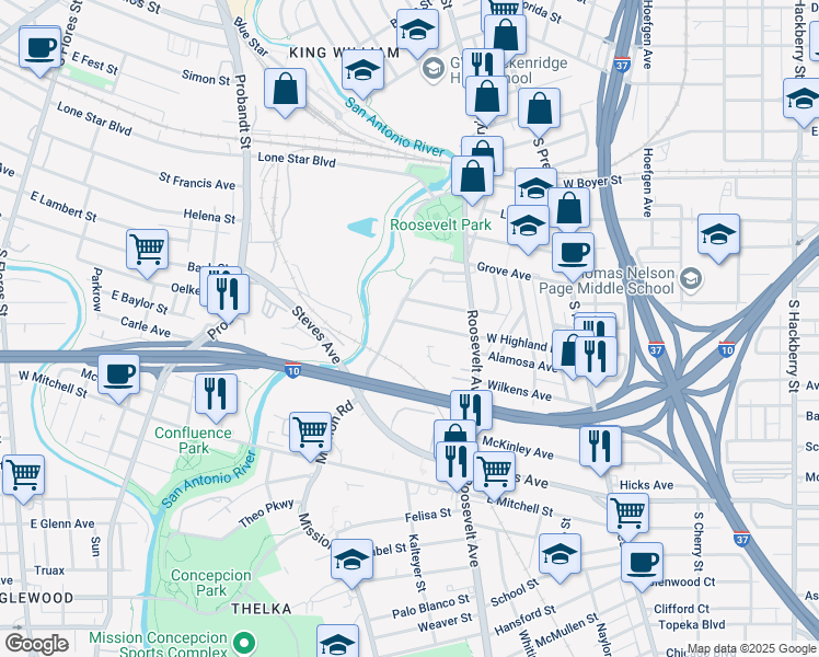 map of restaurants, bars, coffee shops, grocery stores, and more near 564 West Highland Boulevard in San Antonio