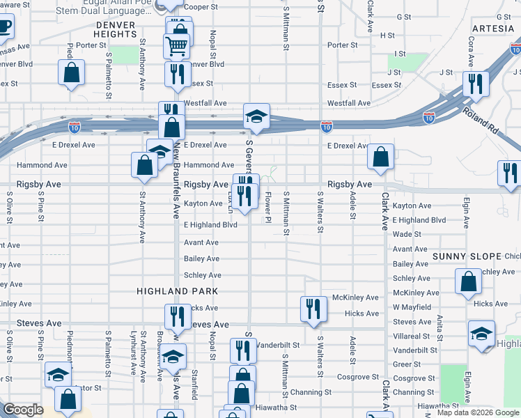 map of restaurants, bars, coffee shops, grocery stores, and more near 926 Kayton Avenue in San Antonio