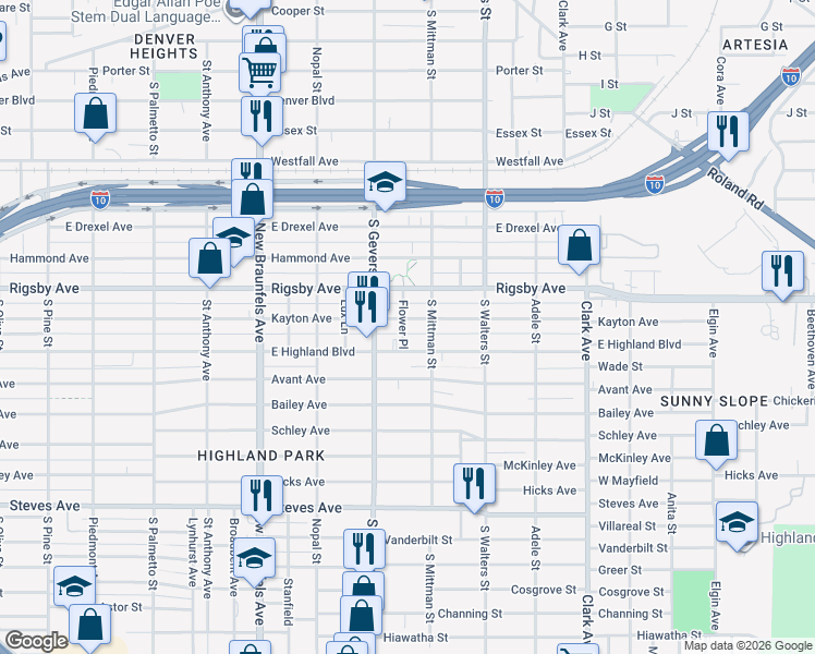 map of restaurants, bars, coffee shops, grocery stores, and more near 926 Kayton Avenue in San Antonio