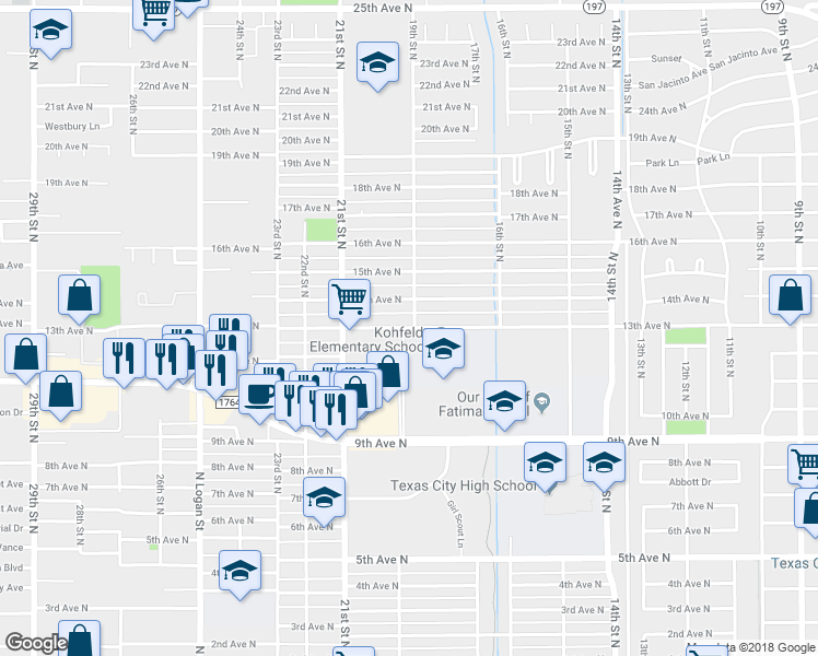 map of restaurants, bars, coffee shops, grocery stores, and more near 1927 13th Avenue North in Texas City