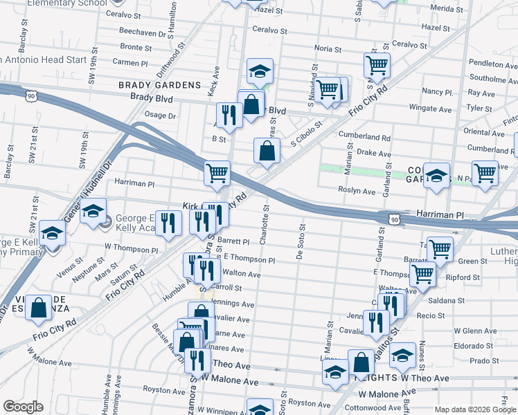map of restaurants, bars, coffee shops, grocery stores, and more near 615 Kirk Place in San Antonio