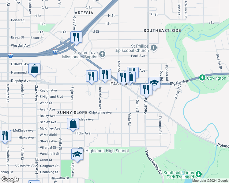 map of restaurants, bars, coffee shops, grocery stores, and more near 1623 Amanda Street in San Antonio