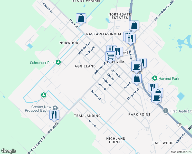 map of restaurants, bars, coffee shops, grocery stores, and more near 3426 School St in Needville