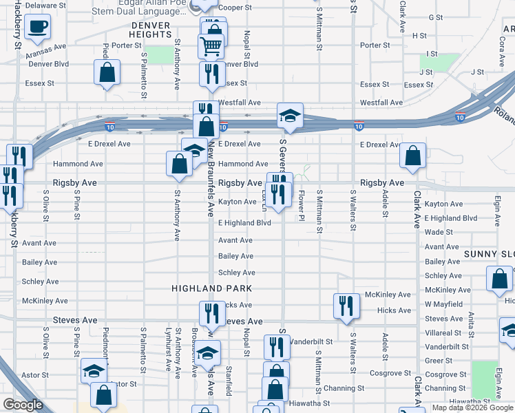 map of restaurants, bars, coffee shops, grocery stores, and more near 812 Kayton Avenue in San Antonio