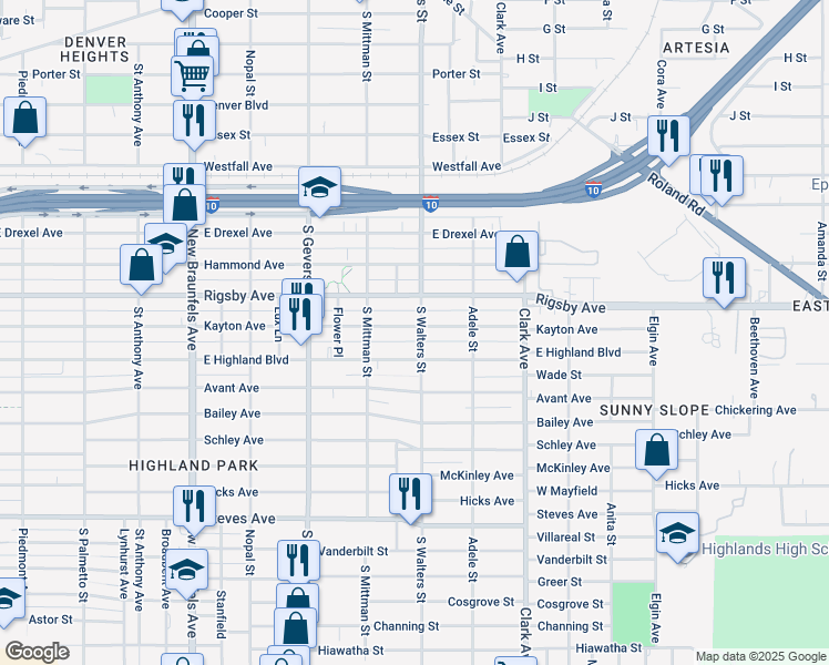 map of restaurants, bars, coffee shops, grocery stores, and more near 1042 Kayton Avenue in San Antonio