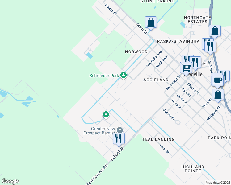map of restaurants, bars, coffee shops, grocery stores, and more near 8421 West 1st Street in Needville
