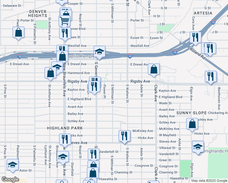 map of restaurants, bars, coffee shops, grocery stores, and more near 1012 Kayton Avenue in San Antonio