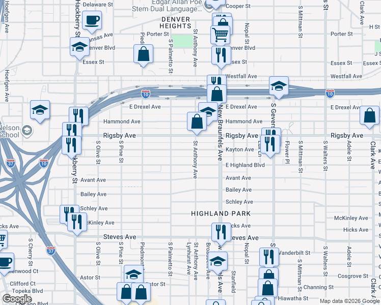 map of restaurants, bars, coffee shops, grocery stores, and more near 604 Kayton Avenue in San Antonio