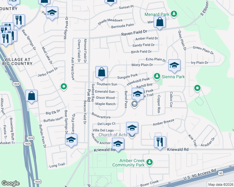 map of restaurants, bars, coffee shops, grocery stores, and more near 3322 Marble Spur in San Antonio